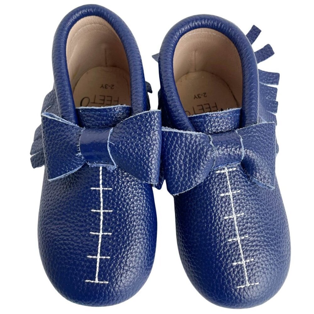 NEW Monkey Feet Leather‎ Blue Bow Moccasin Style Sandals Shoes - Size 2-3 Years